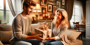 Avión de Papel, Finanzas, mujer recibiendo regalo, hijo adulto, ambiente hogareño