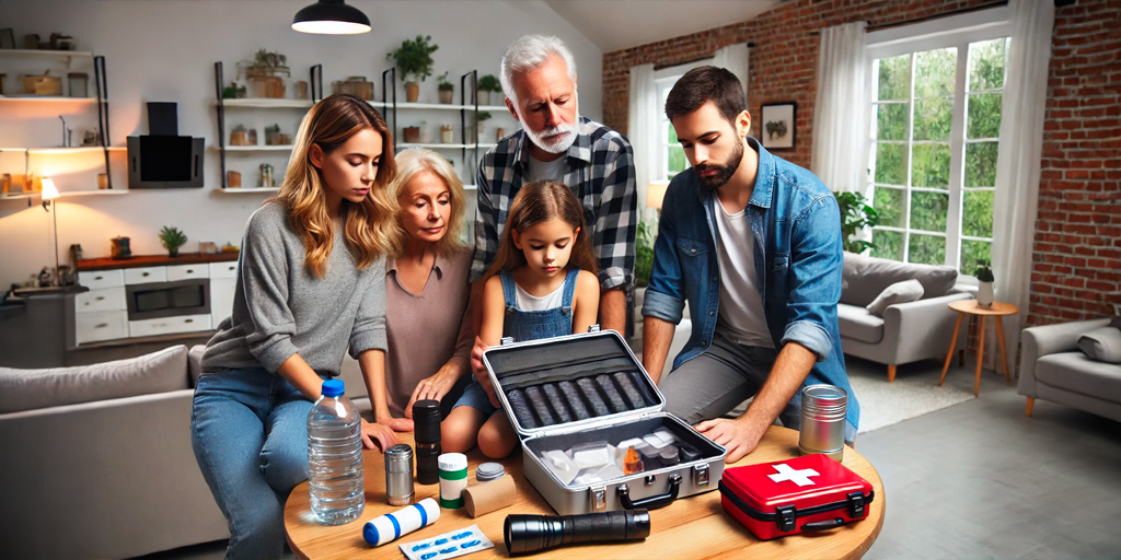 Avión de Papel, hogar, familia revisando kit de emergencia, artículos esenciales, seguridad.