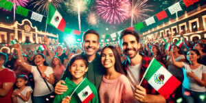 Avión de Papel, salud, familia en plaza durante fiestas patrias, fuegos artificiales, celebración del Grito.