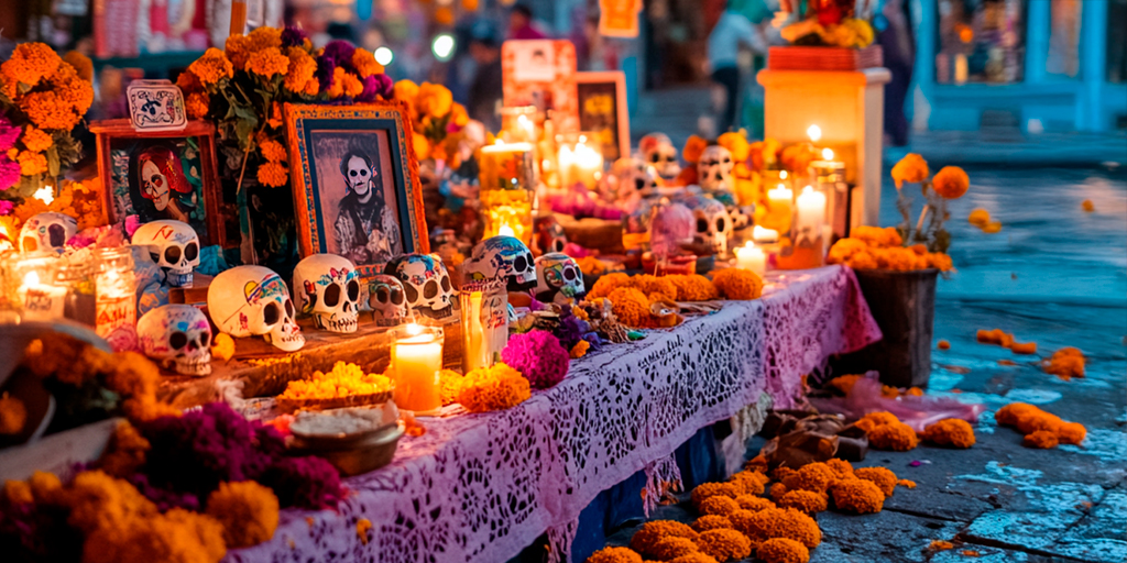 Avión de Papel, Hogar, Pan de Muerto, calaveritas de azúcar, Día de Muertos, decoración tradicional. 